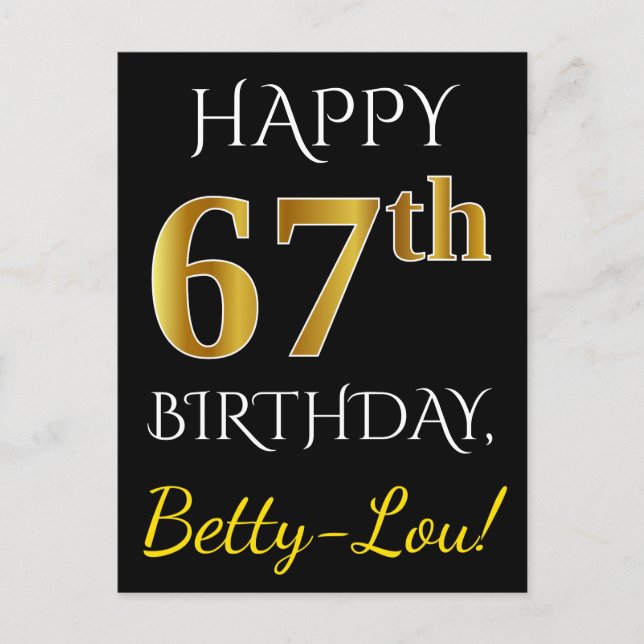 Postal Black, Faux Gold 67th Birthday + Custom Name (Anverso)