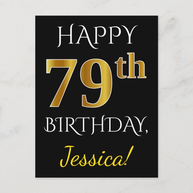 Postal Black, Faux Gold 79th Birthday + Custom Name (Anverso)