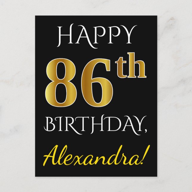 Postal Black, Faux Gold 86th Birthday + Custom Name (Anverso)