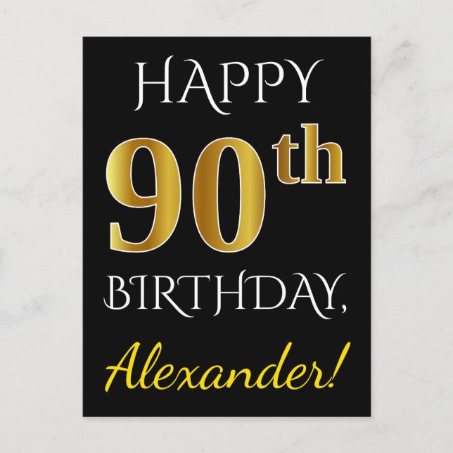Postal Black, Faux Gold 90th Birthday + Custom Name (Anverso)
