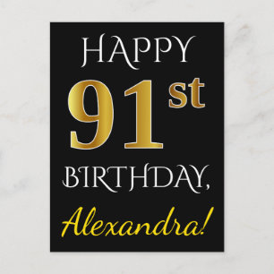 Postal Black, Faux Gold 91st Birthday + Custom Name