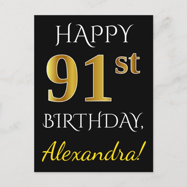 Postal Black, Faux Gold 91st Birthday + Custom Name (Anverso)