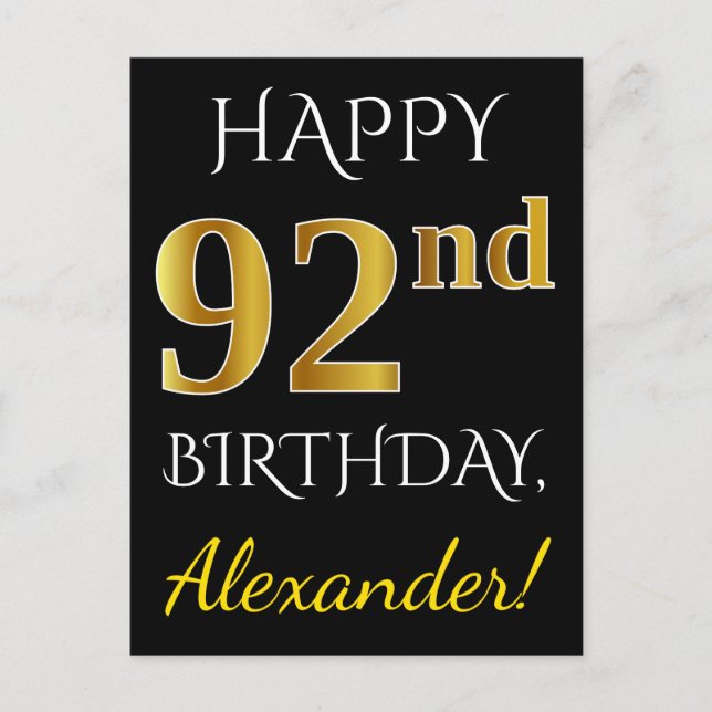 Postal Black, Faux Gold 92nd Birthday + Nombre personaliz (Anverso)