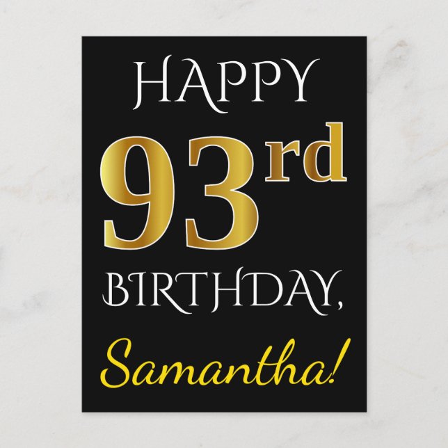 Postal Black, Faux Gold 93rd Birthday + Custom Name (Anverso)