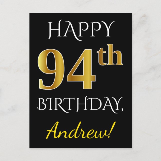 Postal Black, Faux Gold 94th Birthday + Custom Name (Anverso)
