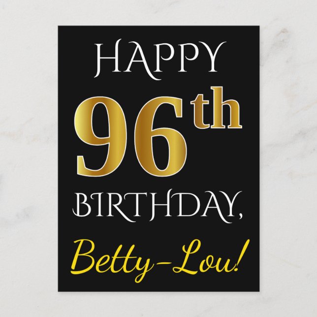 Postal Black, Faux Gold 96th Birthday + Custom Name (Anverso)