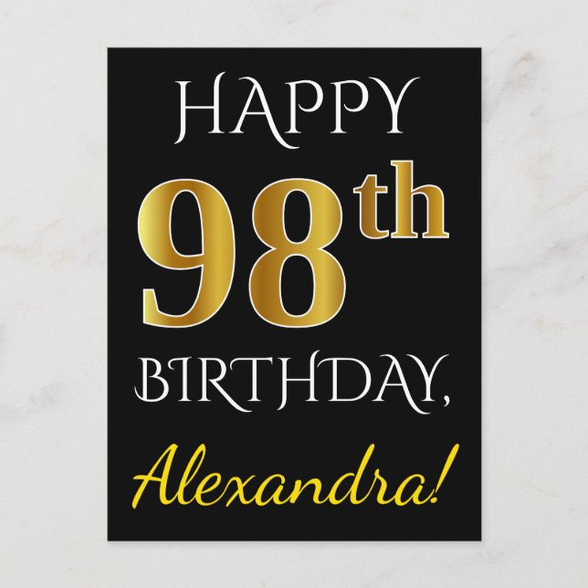 Postal Black, Faux Gold 98th Birthday + Custom Name (Anverso)
