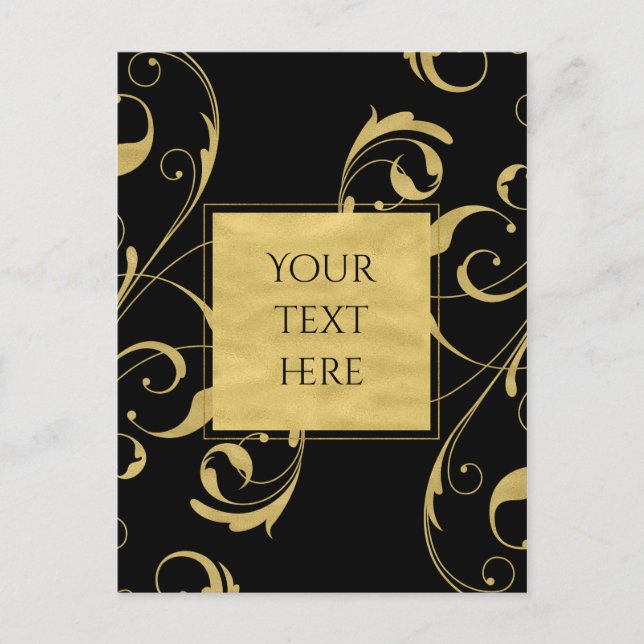 Postal Black & Faux Gold Floral Swirl Elegant Wedding (Anverso)