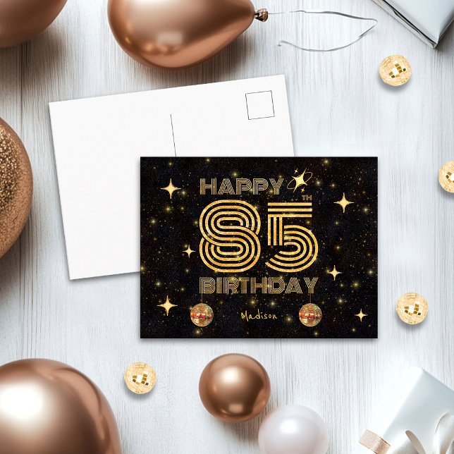 Postal Black Gold Dancing Disco Ball 85th Happy Birthday (Subido por el creador)