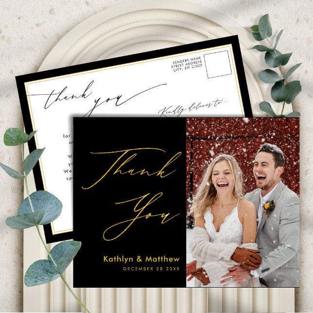 Postal Black Gold Elegant Script Moderno Boda Gracias (Subido por el creador)