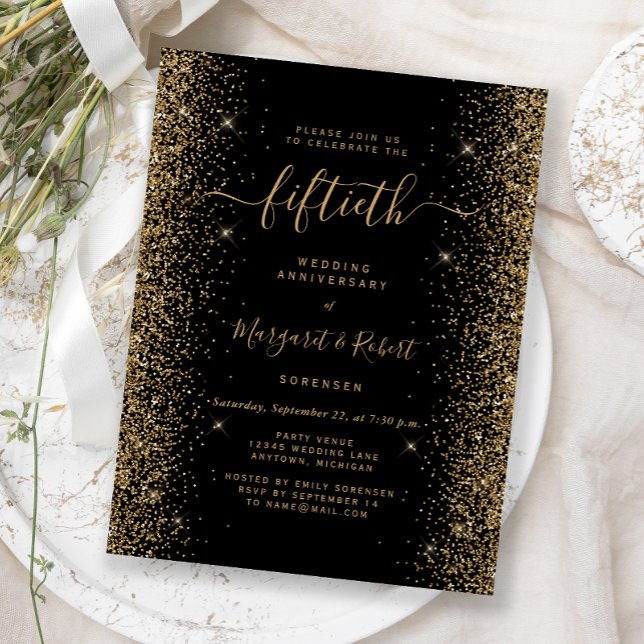 Postal Black Gold Glitter 50th Anniversary Party (Subido por el creador)