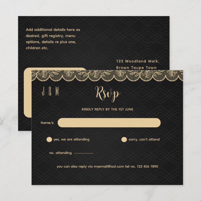 Postal Black Gold Lace Wedding RSVP Para Coincidir Con In (Anverso / Reverso)
