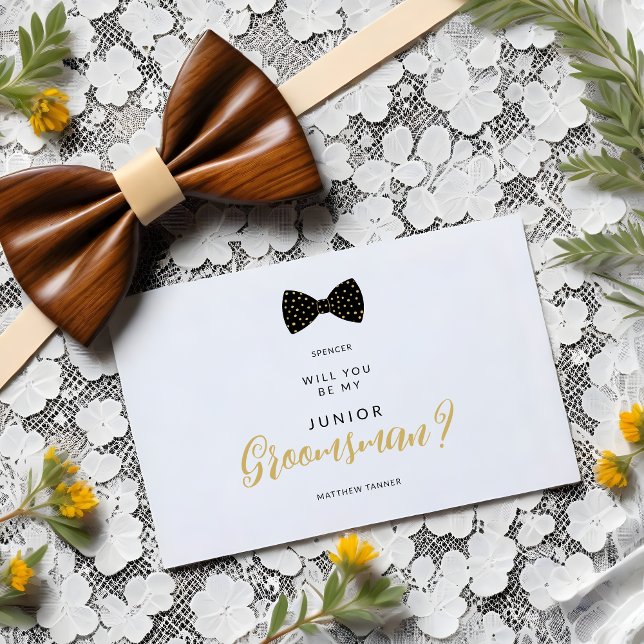 Postal Black Jr Groomsman Vintage Bow Wedding Proposal (Cute Black & Faux Gold Polka Dots Vintage Bow Tie Junior Groomsman Wedding Proposal Postcard.)