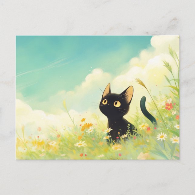 Postal Black Kitten in Sunny Wildflower Summer Meadow (Anverso)
