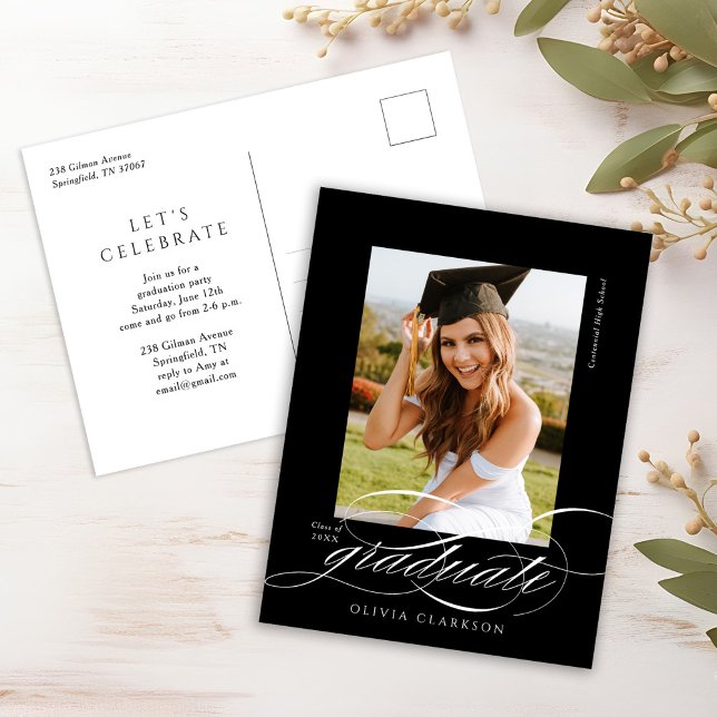 Postal Black Modern Elegant Script Photo Graduation Party (Subido por el creador)