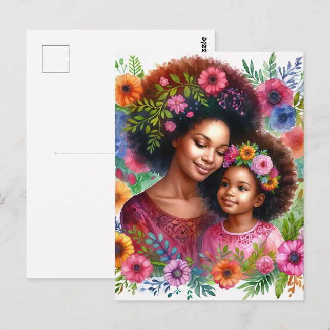 Postal Black Mother and Daughter Floral Watercolor (Anverso / Reverso)