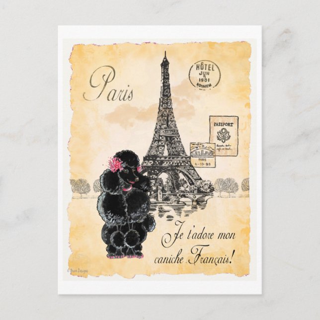 Postal Black Poodle French Paris Eiffel Tower Vintage (Anverso)