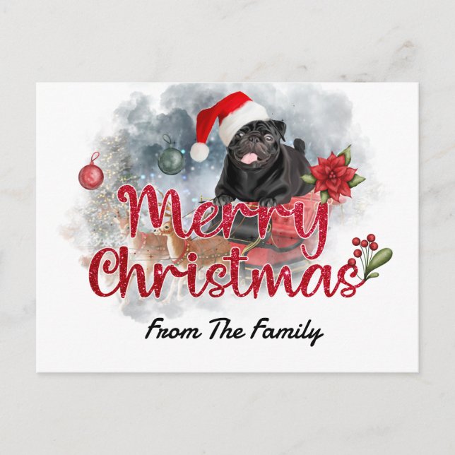 Postal Black Pug Merry Christmas with Poinsettia Flower (Anverso)