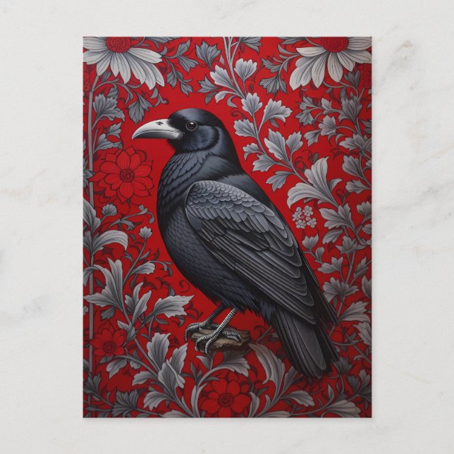 Postal Black Raven Red Floral William Morris Inspired (Anverso)