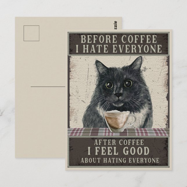 Postal Black Sarcastic Cat and Coffee Vintage (Anverso / Reverso)