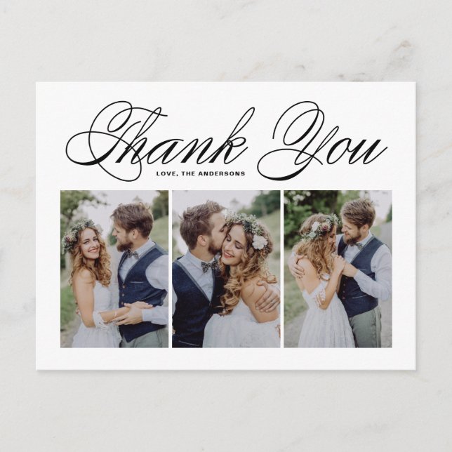 Postal Black Script Tres Collages de fotos Boda Gracias (Anverso)