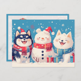 Postal Black Shiba Inu and Samoyed dog with Snowman