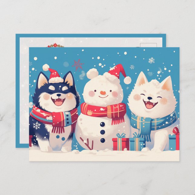 Postal Black Shiba Inu and Samoyed dog with Snowman (Anverso / Reverso)