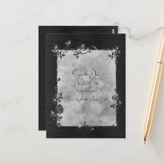 Postal Black Shiny Elegant Sparkly Frame Save the Date (Anverso/Reverso In Situ)
