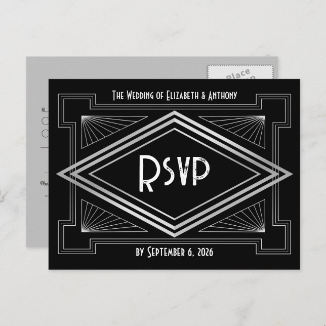Postal Black & Silver Art Deco Gatsby-Inspired Wedding (Anverso / Reverso)