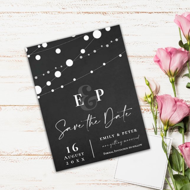 Postal Black String Lights Monograma Wedding Save The Dat (Subido por el creador)