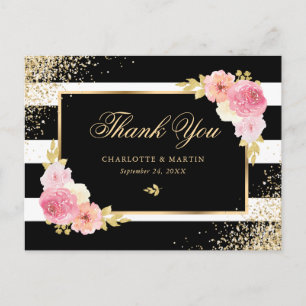 Postal Black White Gold Confetti Rubor Floral Gracias