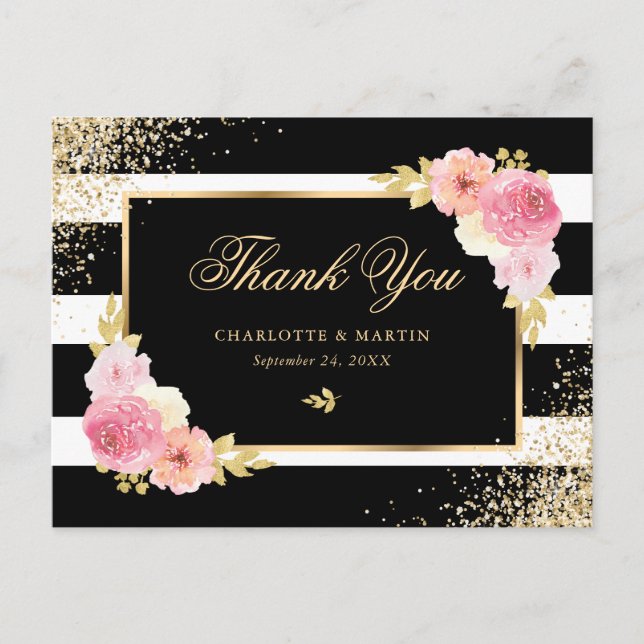 Postal Black White Gold Confetti Rubor Floral Gracias (Anverso)