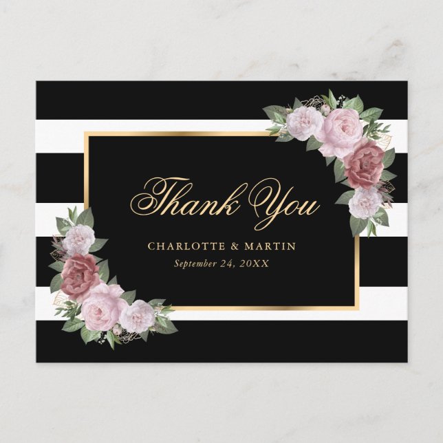 Postal Black White Gold Rubor Pink Floral Gracias (Anverso)