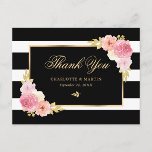 Postal Black White Gold Rubor Pink Floral Gracias