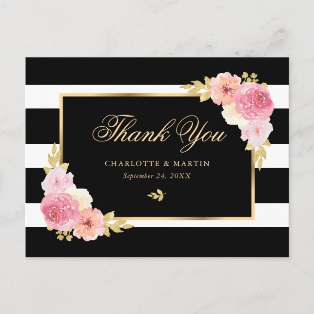Postal Black White Gold Rubor Pink Floral Gracias (Anverso)