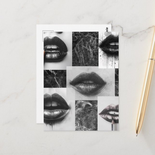 Postal Black & White Lips Collage Postcard (Anverso/Reverso In Situ)