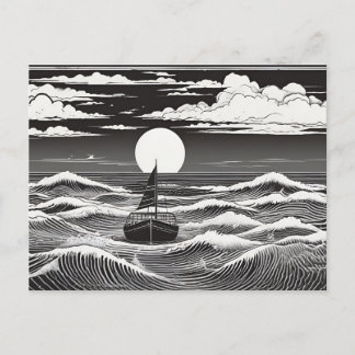 Postal Black & White Lonely Sailboat Moon Waves
