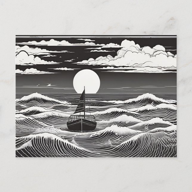 Postal Black & White Lonely Sailboat Moon Waves (Anverso)