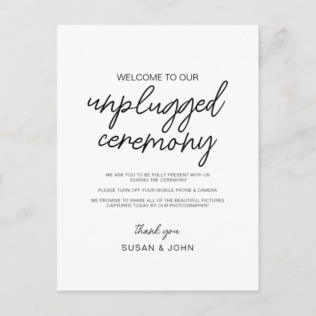 Postal Black & White Modern Unplugged Wedding Sign  (Anverso)
