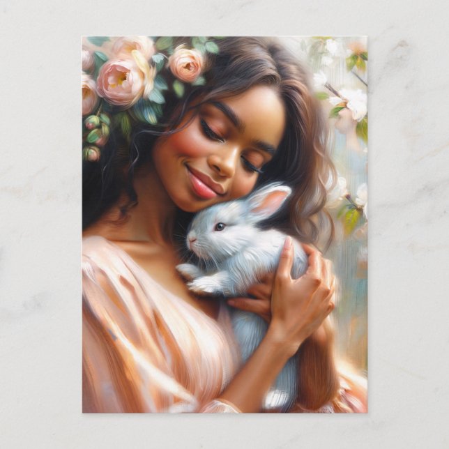 Postal Black Woman Smiling With Cute Bunny Floral  (Anverso)