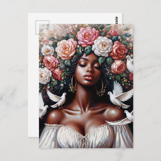 Postal Black Woman With Doves Floral Art (Anverso / Reverso)