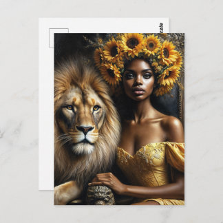 Postal Black Woman With Lion Sunflower Leo