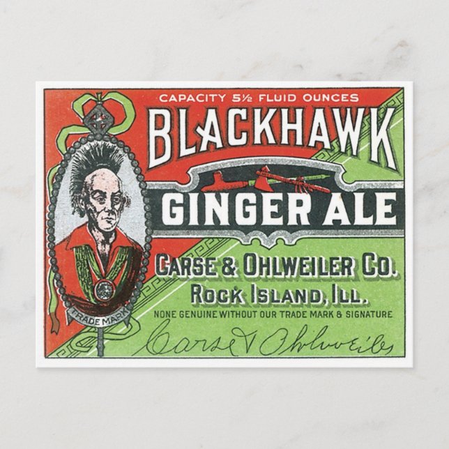 Postal Blackhawk Ginger Ale Rock Island Illinois (Anverso)