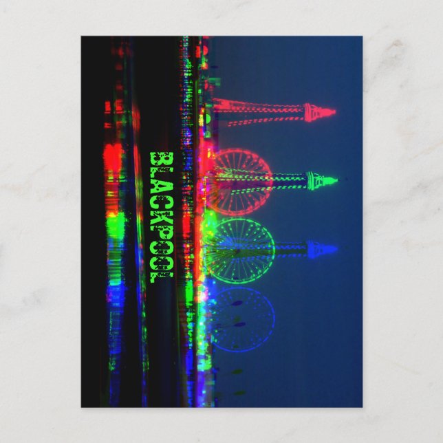 Postal Blackpool Beach por la noche, rojo, verde y azul (Anverso)