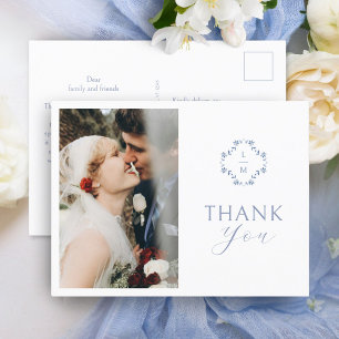 Postal Blanca   Monograma Floral Azul Gracias Postcard
