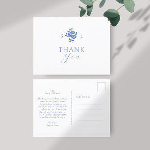 Postal Blanca   Monograma Floral Azul Gracias Postcard