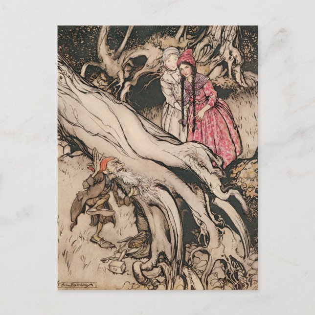 Postal Blancanieves y rojo Rosa por Arthur Rackham (Anverso)
