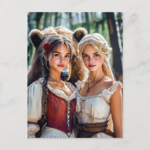 Postal Blancanieves y Rosarroja con el oso
