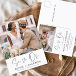 Postal Blancas de mano editables Guardar la foto de fecha<br><div class="desc">Foto moderna y elegante Guardar la tarjeta de Boda de fecha. La tarjeta de invitación para guardar la fecha incluye tipografía y moda con letras blancas y un diseño simple sobre un fondo blanco al que se puede añadir la imagen de fotografía de compromiso personalizada.</div>