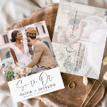 Postal Blancas de mano editables Guardar la foto de fecha<br><div class="desc">Foto moderna y elegante Guardar la tarjeta de Boda de fecha. La tarjeta de invitación para guardar la fecha incluye tipografía y moda con letras blancas y un diseño simple sobre un fondo blanco al que se puede añadir la imagen de fotografía de compromiso personalizada.</div>